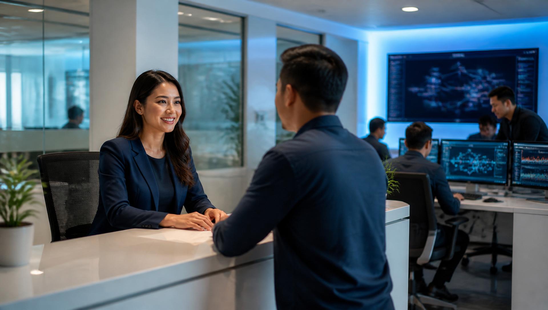 Customer Service Wifihome melayani pelanggan di kantor digital dengan tim teknis mengelola grafik jaringan